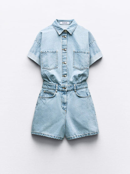 Mini Denim Cuffed-romper-blue