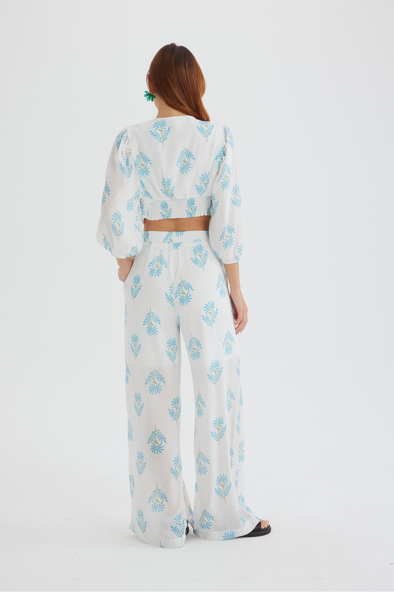 Print Puff Sleeve Knotted-front Tops Long Pants Suits