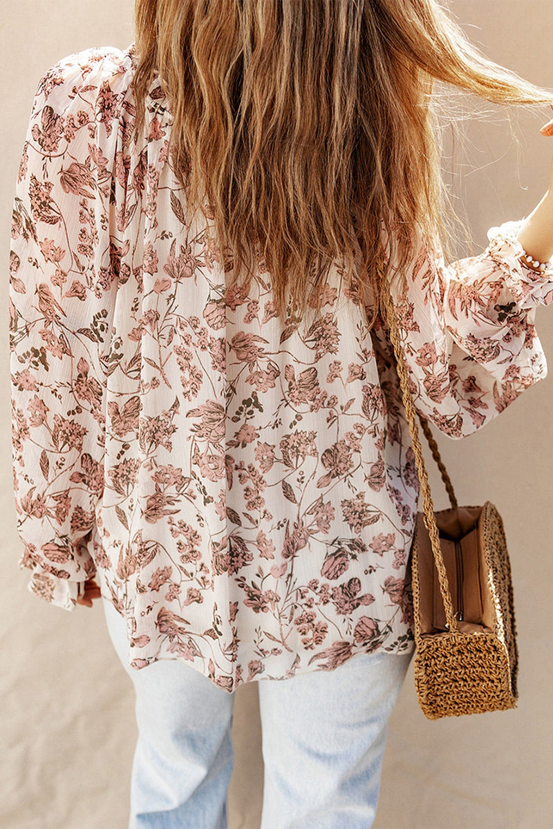 Print V-neck Strap Long Sleeve Blouse