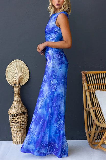 Asymmetric Shoulder Ruched Waist Print Maxi Dress