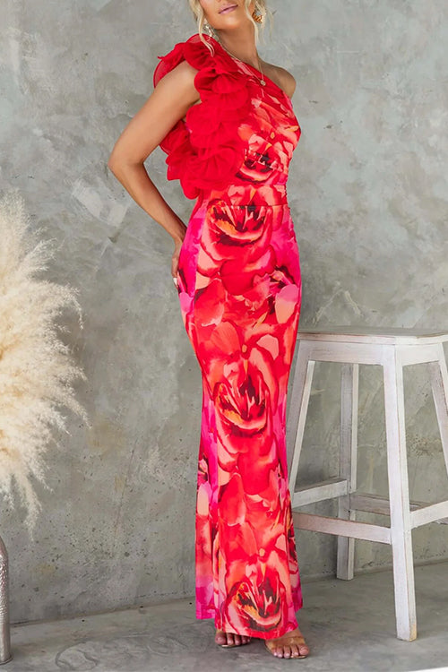 Moxidress Ruffle One Shoulder Print Bodycon Maxi Dress