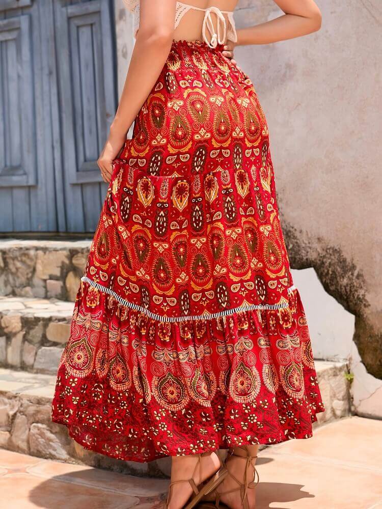 Shirred High Waist Skirt in Red