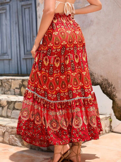 Shirred High Waist Skirt in Red