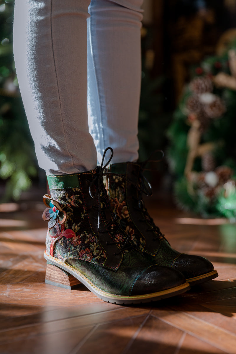 Soffia | Appliqued Lace Up Leather Ankle Boot