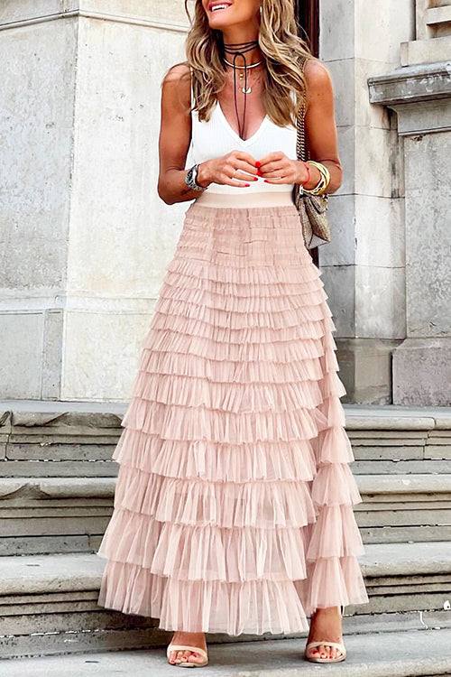 Ruffle Layered Mesh A-line Long Tulle Skirt
