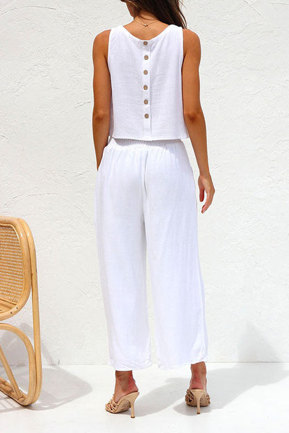 Buttons Tank Top and Pockets Wide Leg Crop Pants Set