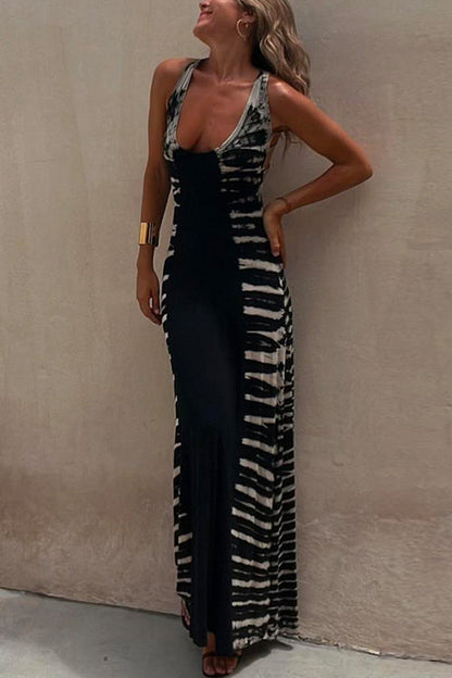 Scoop Neck Back Criss Cross Tie Dye Maxi Dress