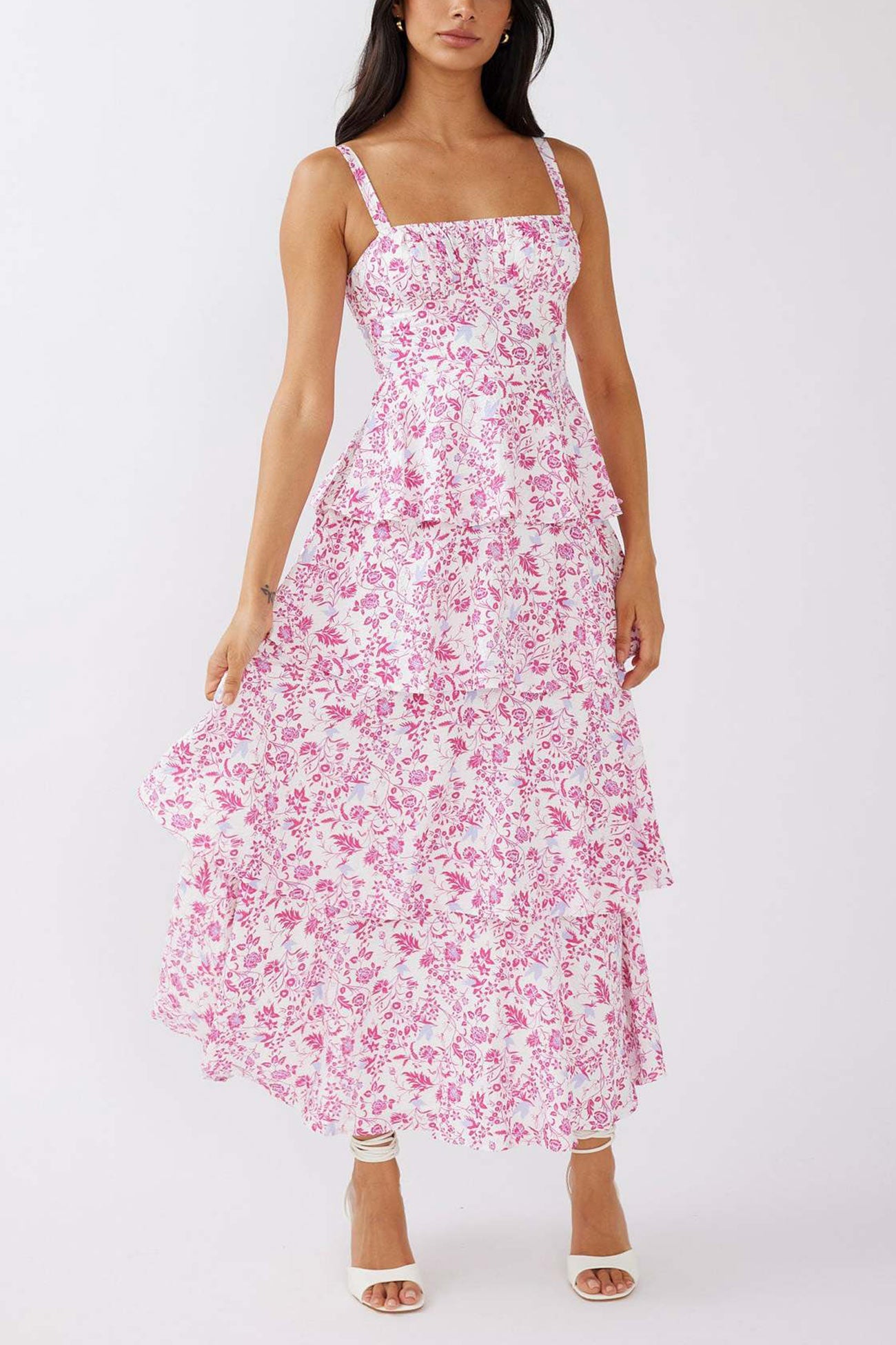 Print Tie-up Tiered Midi Dress