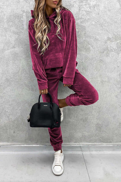 Velour Color Hoodie Long Pants Set