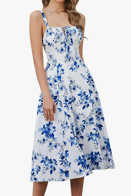 Moxidress Adjustable Strap Back Lace-up Slit Midi Dress