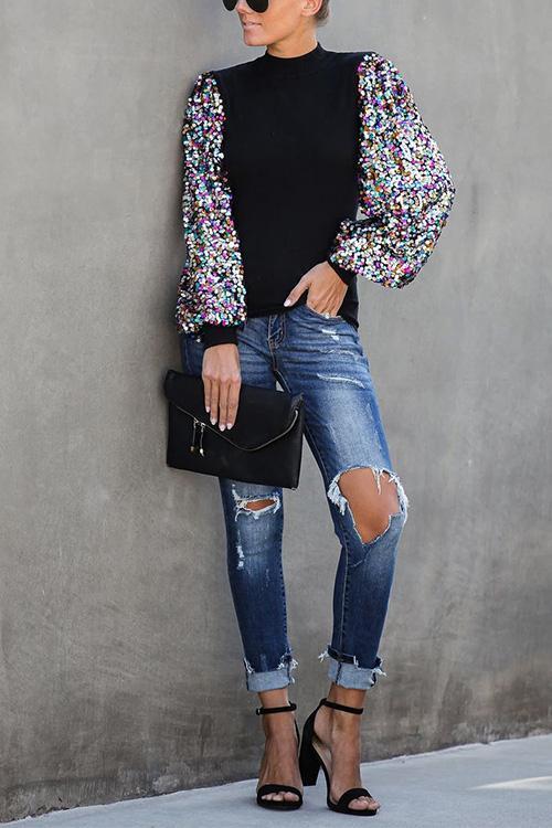 Sequin Lantern Sleeve Festive Blouses