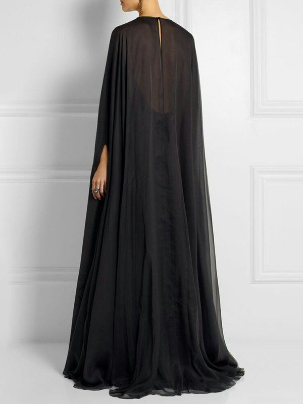 Simple Two Pieces Inner Slip Dress+see Through Outer Cape Maxi Dress