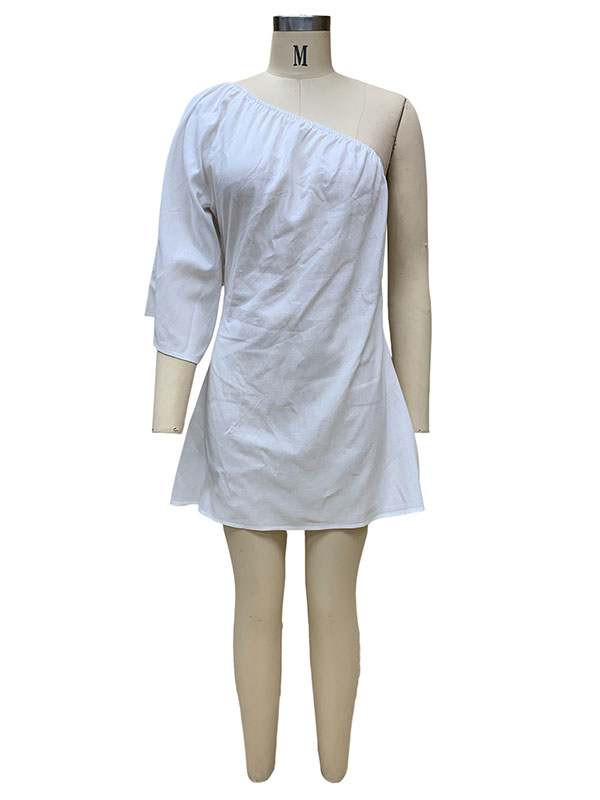 Loose Three-quarter Sleeves Asymmetric Elasticity Color One-shoulder Mini Dresses