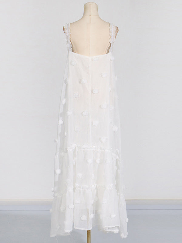 A-line High Waisted Layered Pleated Split-joint Three-dimensional Flower Spaghetti-neck Maxi Dresses