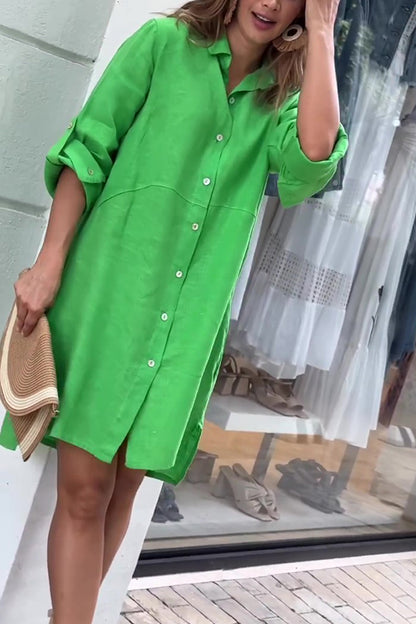 Linen Blend Long Sleeve Button-down Shirt Style Mini Dress