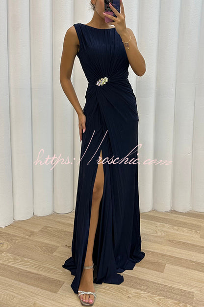 Special Pleated Embellished Slit Evening Maxi Dress