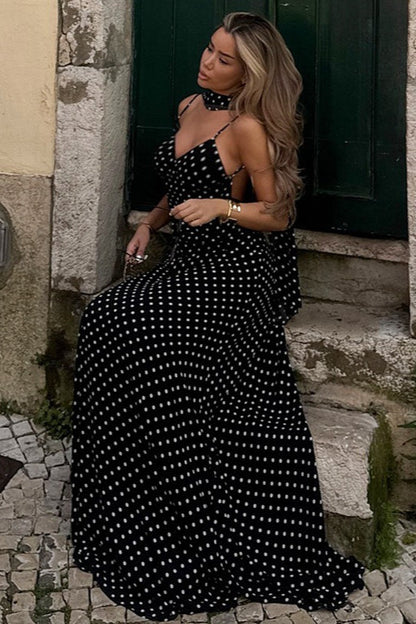 Polka Dot V Neck Cami Backless Maxi Dress