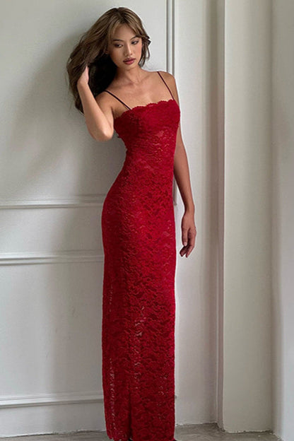 Red Lace Strapless Cami Bodycon Maxi Dress