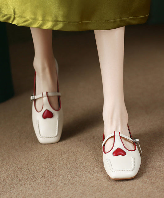 Beige Heart Cowhide Leather Flat Feet Shoes Versatile