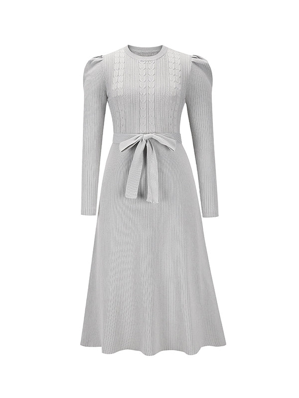 High Waisted Long Sleeves Color Tied Waist Round-neck Midi Dresses Sweater Dresses