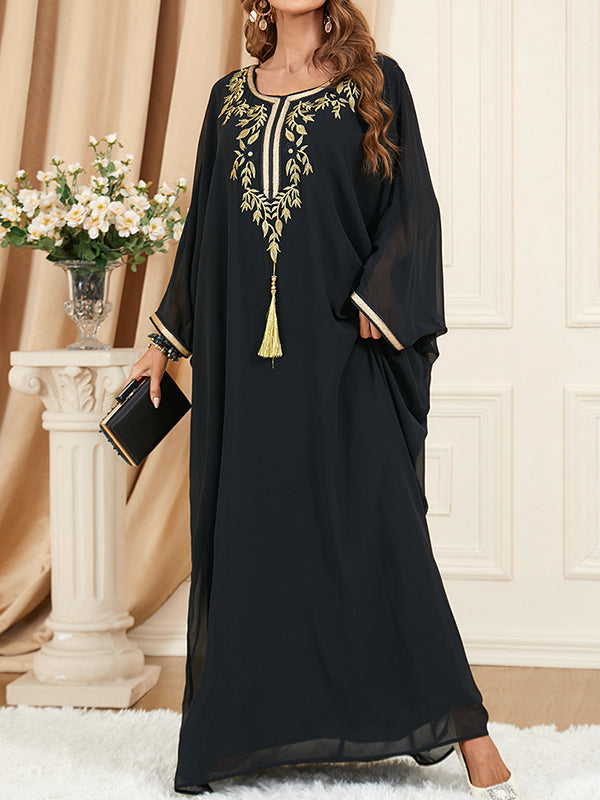 Batwing Sleeves Long Sleeves Embroidered Gauze Tasseled Round-neck Maxi Dresses