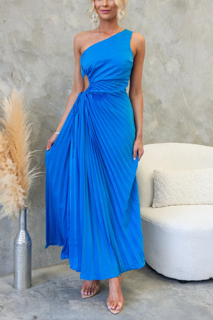 Pleated One Shoulder Cut-out Waist Midi Dress
