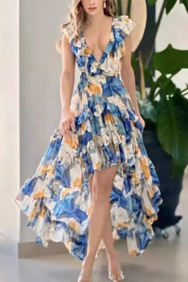 Print V-neck Backless Resort Maxi Dress