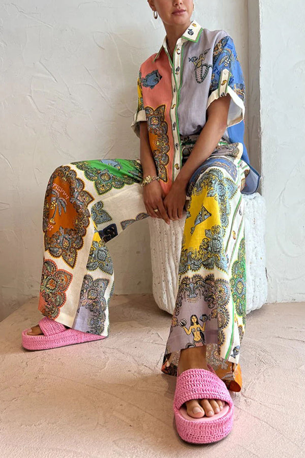 And Posh Linen Blend Mermaid Print Button Down Oversized Blouse