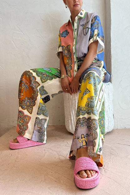 And Posh Linen Blend Mermaid Print Button Down Oversized Blouse