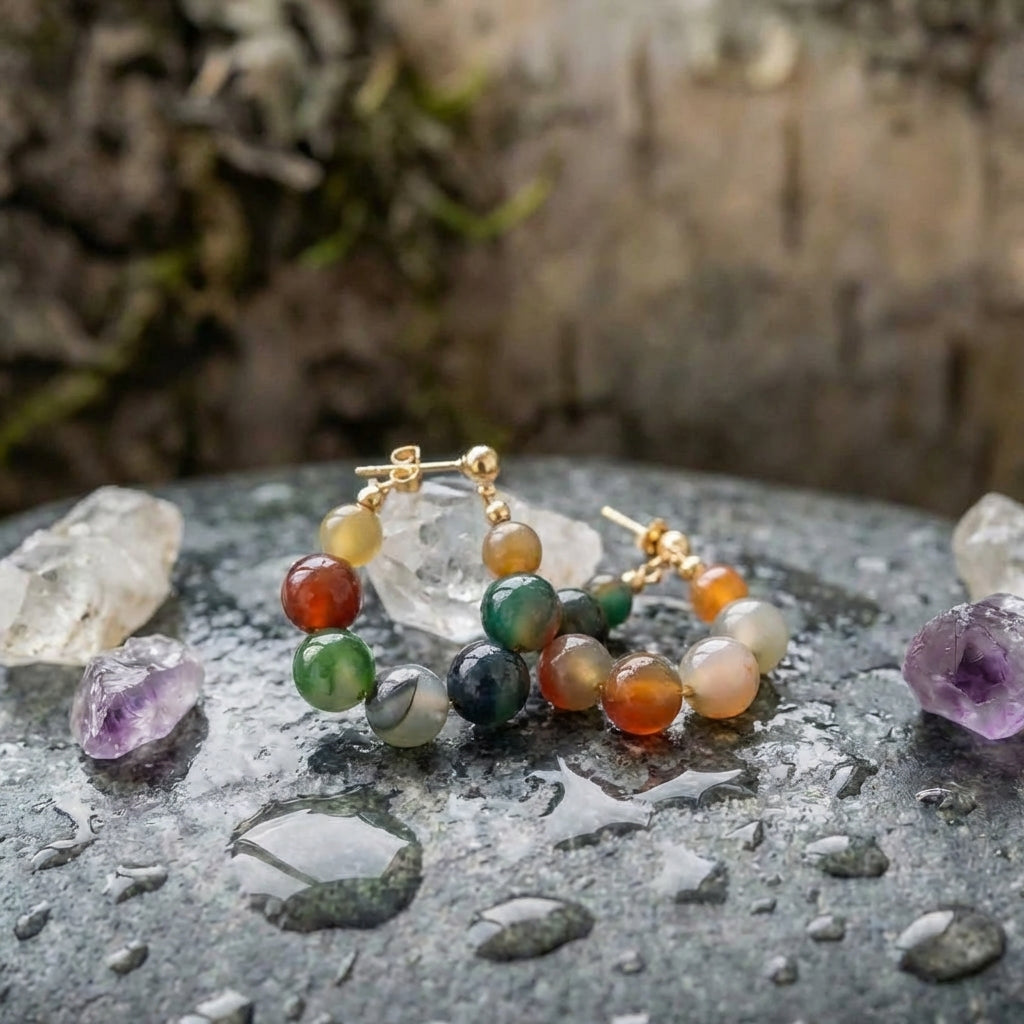 Elegant Stone Beaded Hoop Earrings