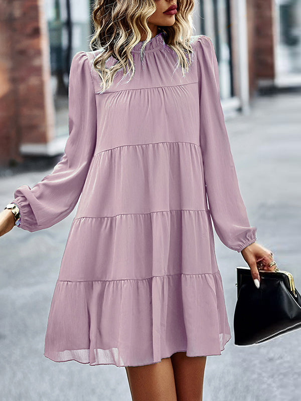 A-line Bishop Sleeve Elasticity Pleated Color Split-joint Tied Mock Neck Mini Dresses