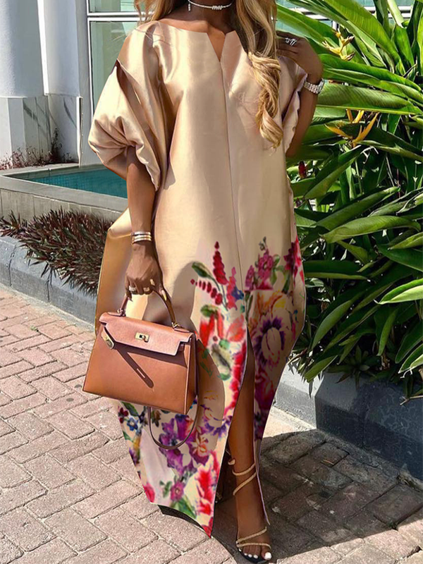 A-line Half Sleeves Elasticity Flower Print Split-front V-neck Maxi Dresses