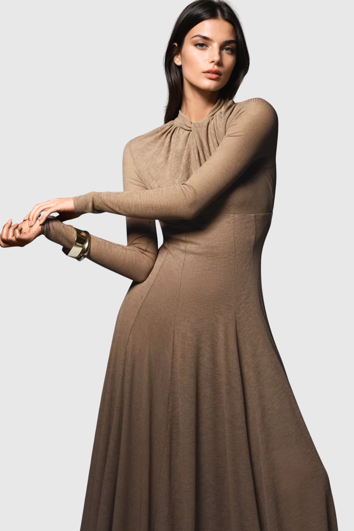 Dany Twist Long Sleeve Maxi Dress in Brown