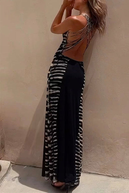 Moxidress Scoop Neck Back Criss Cross Tie Dye Maxi Dress