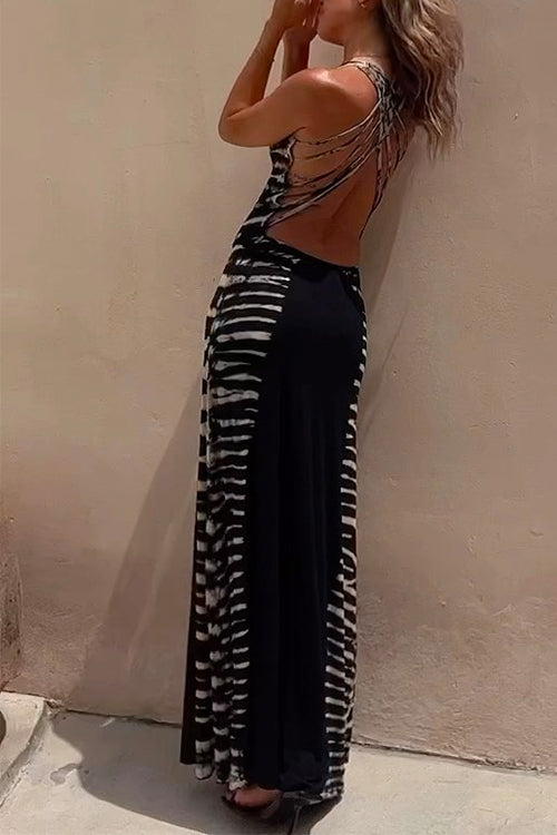 Moxidress Scoop Neck Back Criss Cross Tie Dye Maxi Dress