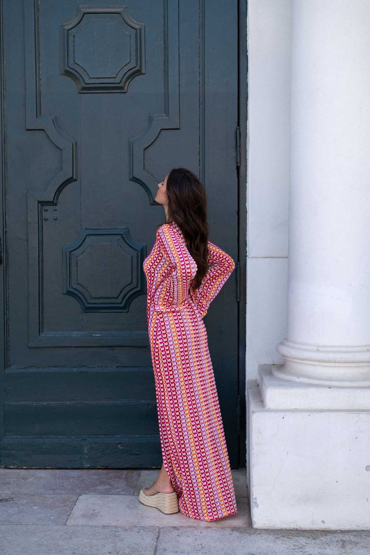 V Neck Bell Sleeve Wavy Striped Crochet Beach Vacation Maxi Dress