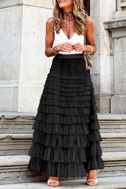 Ruffle Layered Mesh A-line Long Tulle Skirt