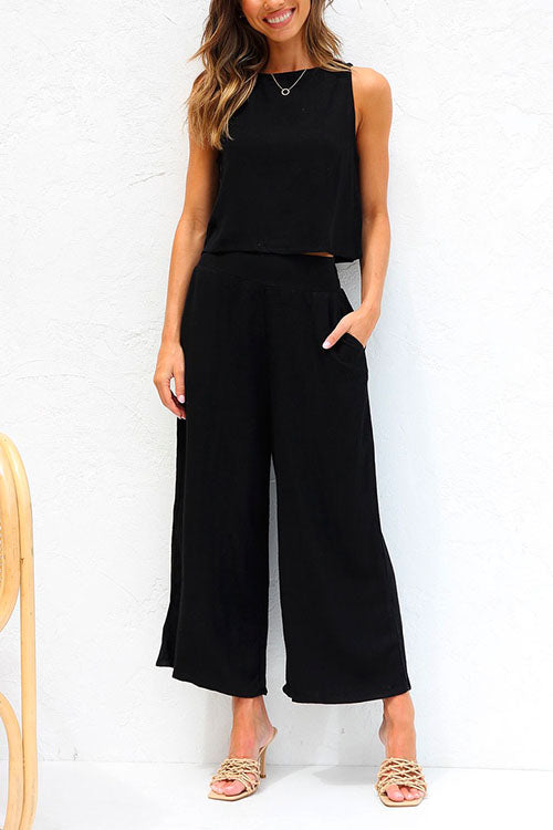 Buttons Tank Top and Pockets Wide Leg Crop Pants Set