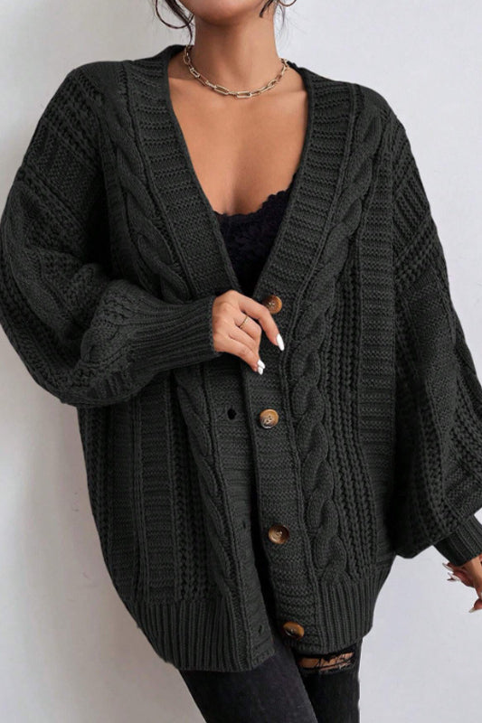 V-neck Cable Knit Balloon Sleeve Cardigan