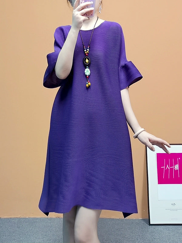 Stylish Selection Flared Sleeves A-line Pleated Color Round-neck Midi Dresses