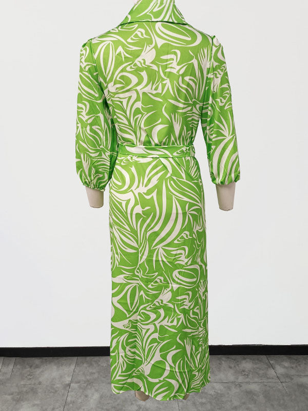 A-line High Waisted Elasticity Printed Tied Waist Lapel Midi Dresses Shirt Dress