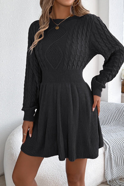Round Neck Chunk Cable Waisted Knit Mini Dress