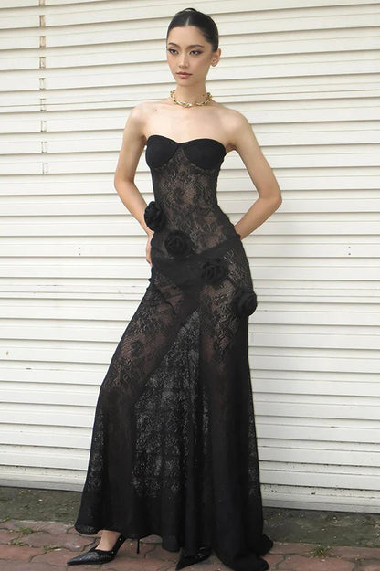 Sheer Lace Strapless 3d Train Maxi Dress