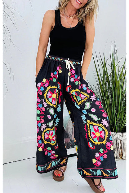 Hippie Style Unique Denim Print Elastic Waist Pocketed Wide Leg Pants