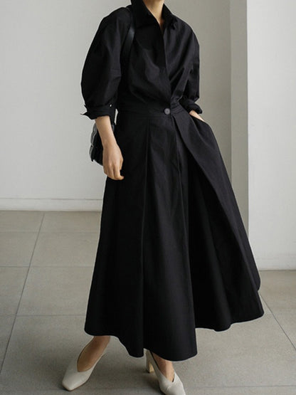 Long Sleeves Loose Pleated Color Split-joint Tied Waist Lapel Midi Dresses Shirt Dress