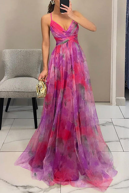 ' Summer Princess Chiffon Printed Hollow Waist and Back Lace Up Long Dress