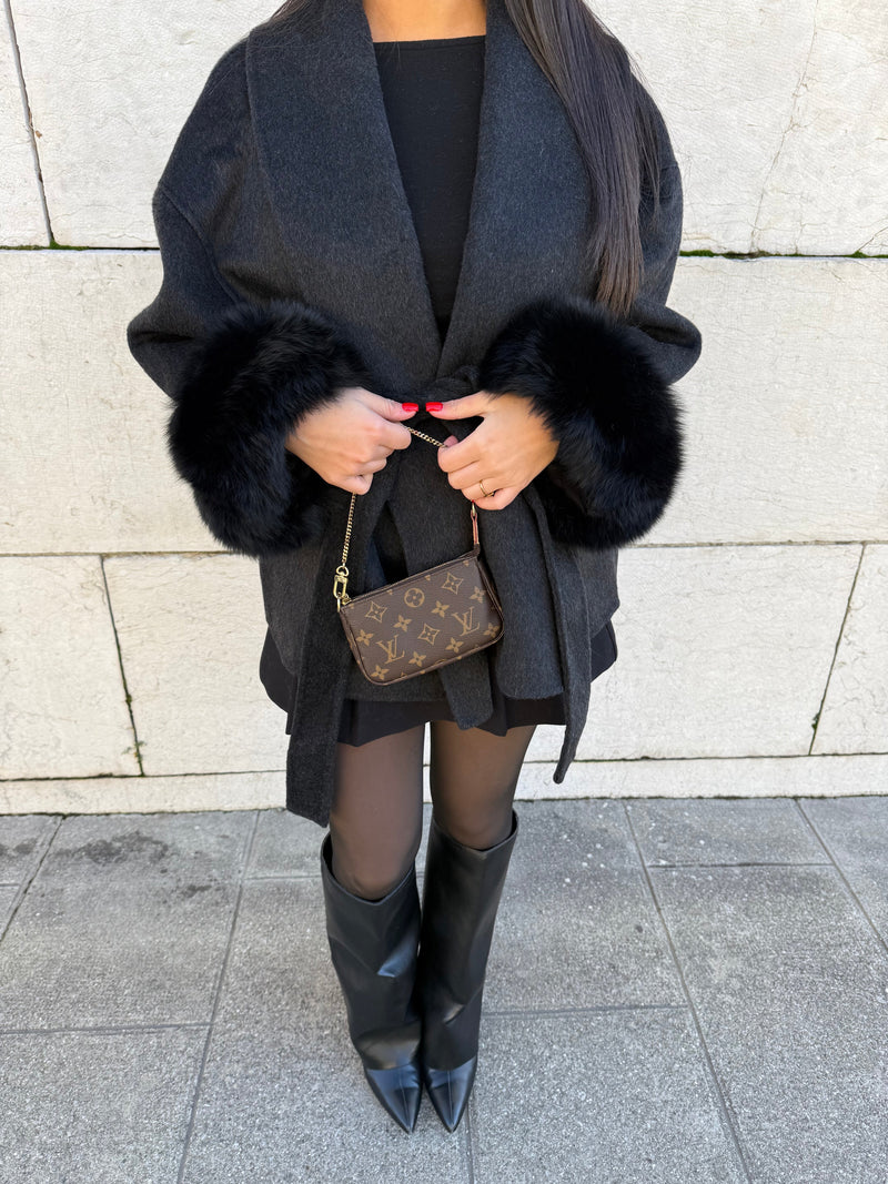 Anthracite Wool Coat With Fur