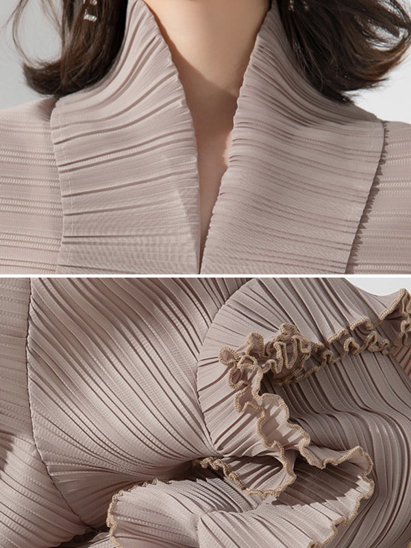 Long Sleeves Loose Tied Pleated Stand Collar Midi Dresses