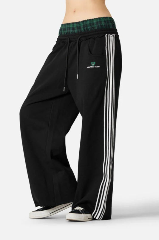 Stripe Embroidery Relaxed Double Waist Pants