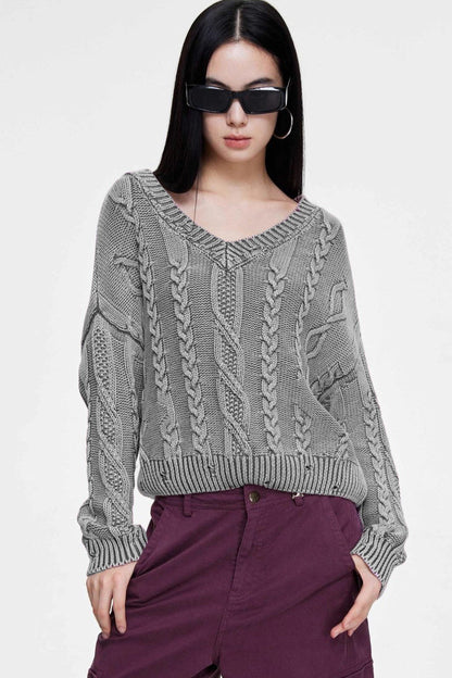 V-neck Long Sleeve Cable Knit Sweater